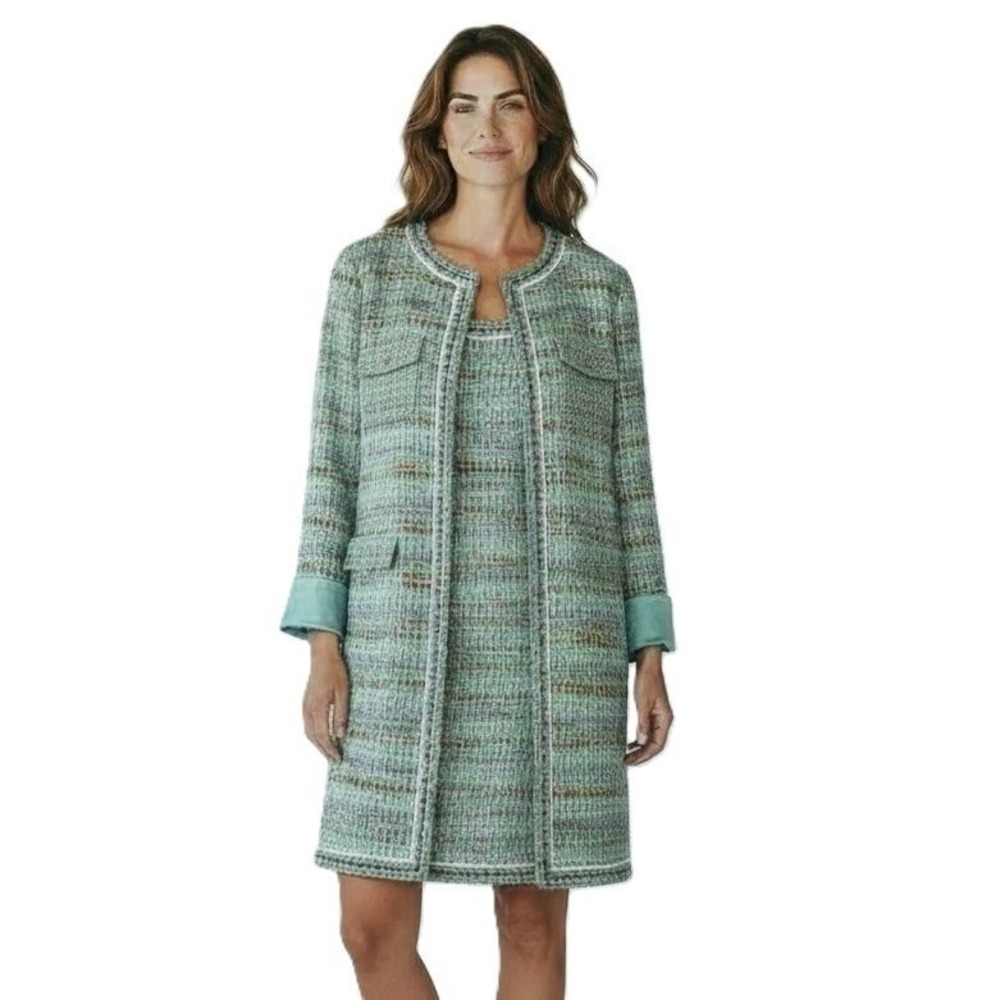 St John French Tweed Knit Longline Jacket Womens 10 Seafoam Green NWT 2024